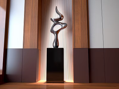 Abstract Modern Sculpture on Black Base in Wooden Panel Interior with Lighting 3d model