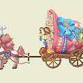 Fairy Tale Carriage Pulled by Two Pink Ponies with Pink and Blue Decorative Lanterns