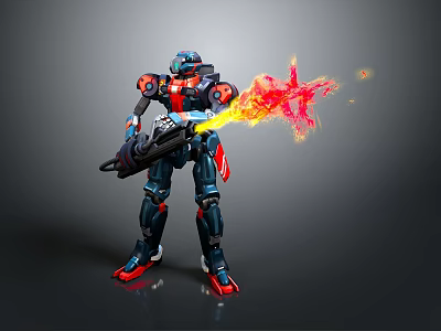 Game Movie Mecha Warrior Character In Blue Red Armor Holding Flaming Weapon 3d model