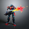 Game Movie Mecha Warrior Character In Blue Red Armor Holding Flaming Weapon
