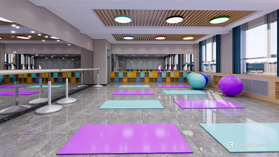 Spacious Fitness Studio With Wooden Ceiling Colored Yoga Mats Exercise Balls Mirrors And Windows 3d model 