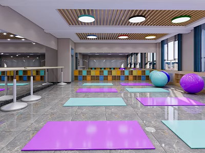 Spacious Fitness Studio With Wooden Ceiling Colored Yoga Mats Exercise Balls Mirrors And Windows 3d model