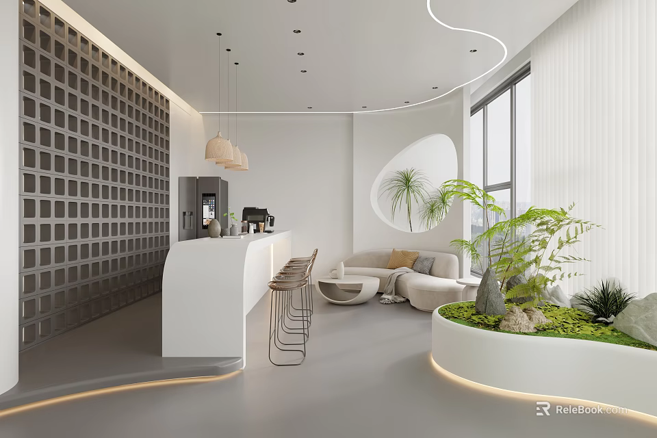 Modern Hotel Lobby With Curved Design White Bar Counter Lounge Area Large Windows Green Plants 3d model 