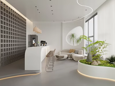 Modern Hotel Lobby With Curved Design White Bar Counter Lounge Area Large Windows Green Plants 3d model