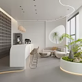 Modern Hotel Lobby With Curved Design White Bar Counter Lounge Area Large Windows Green Plants