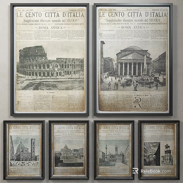Vintage Landscape Paintings of Roman Ancient Architecture With Newspaper Text Background and Black Frames 3d model 