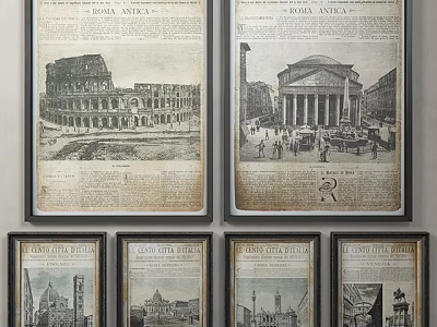 Vintage Landscape Paintings of Roman Ancient Architecture With Newspaper Text Background and Black Frames 3d model