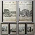 Vintage Landscape Paintings of Roman Ancient Architecture With Newspaper Text Background and Black Frames