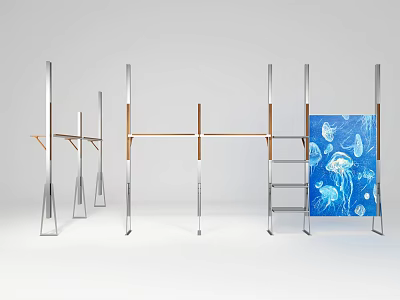 Modern Metal and Wooden Shelves with Various Heights Open Design and Blue Jellyfish Artwork 3d model