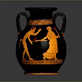 Decorative Ceramic Vase with Black Body and Orange Mythological Figure Paintings Two Handles
