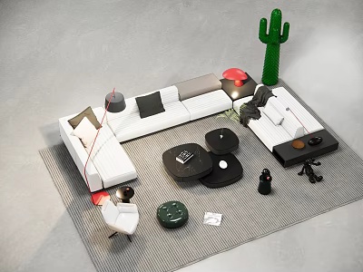 Modern Sofa Coffee Table Combination With White Black Design And Cactus Decor Elements 3d model