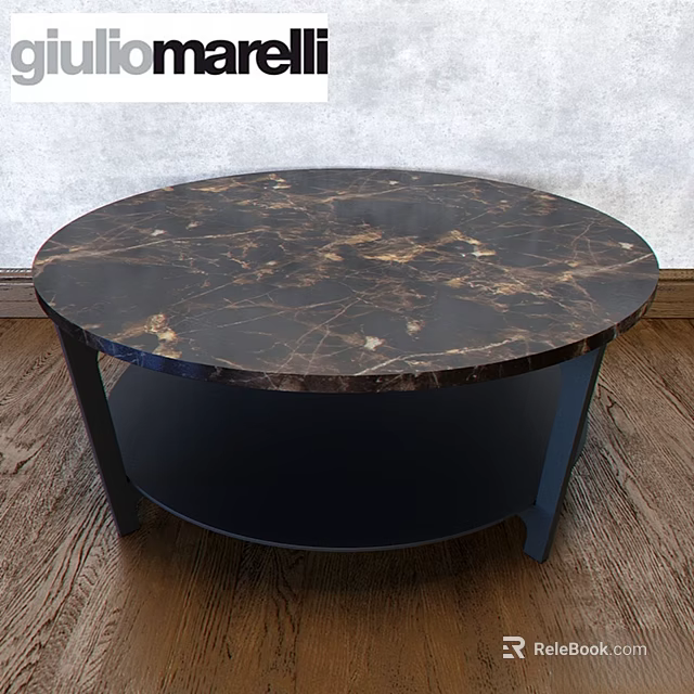 Round Marble Dining Table Dark Surface Gold Veins Black Legs Wooden Floor Light Wall 3d model 