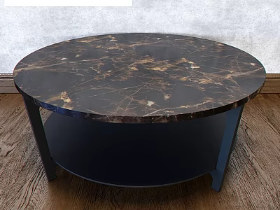Round Marble Dining Table Dark Surface Gold Veins Black Legs Wooden Floor Light Wall 3d model