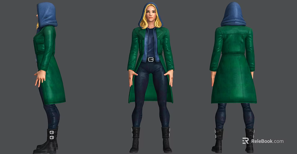 Game Movie Character Multiple Angles With Blonde Hair Green Coat Blue Hood And Black Boots 3d model 