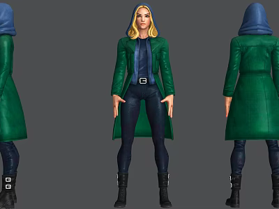 Game Movie Character Multiple Angles With Blonde Hair Green Coat Blue Hood And Black Boots 3d model