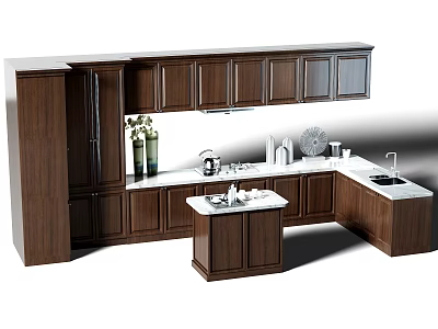 Elegant Modern Kitchen Interior With Walnut Cabinets And Marble Island Countertop 3d model
