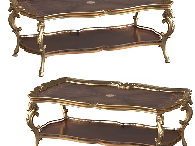 Elegant Classic Coffee Table With Wooden Top And Gold Carved Legs Two Tier Design 3d model