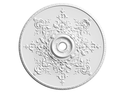 Ornate White Circular Ceiling Medallion With Intricate Floral Patterns And Central Hole Design 3d model