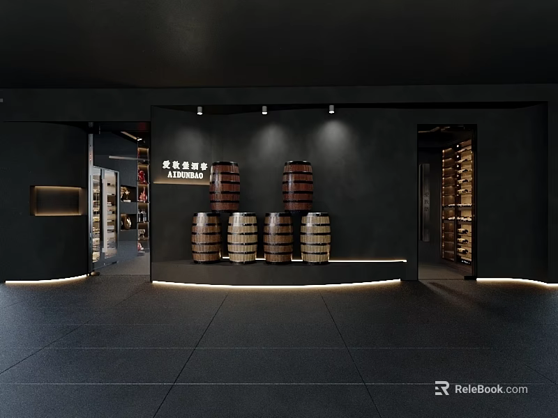 Specialty Store Interior Design Featuring Wooden Barrels Display Black Walls And Lighting 3d model 