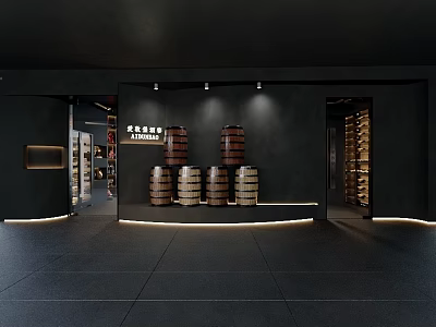 Specialty Store Interior Design Featuring Wooden Barrels Display Black Walls And Lighting 3d model