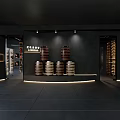 Specialty Store Interior Design Featuring Wooden Barrels Display Black Walls And Lighting