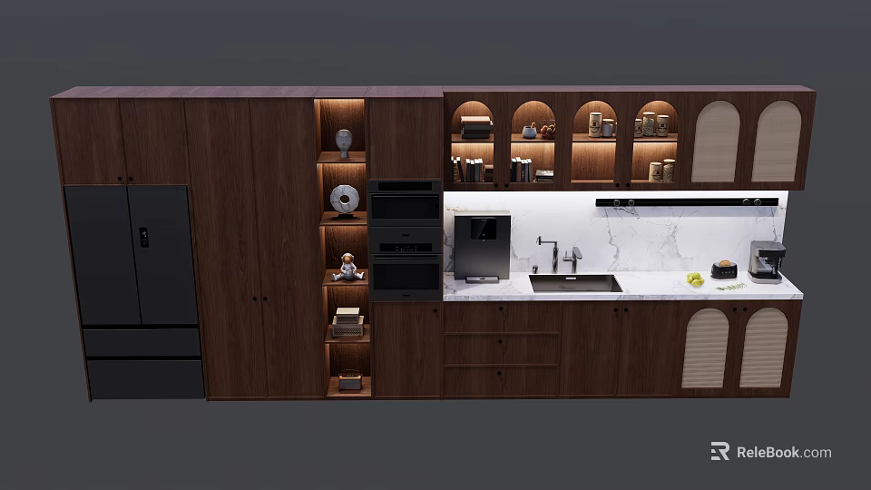 Modern Kitchen Interior With Wooden Built in Cabinets And Marble Countertop 3d model 
