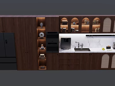 Modern Kitchen Interior With Wooden Built in Cabinets And Marble Countertop 3d model