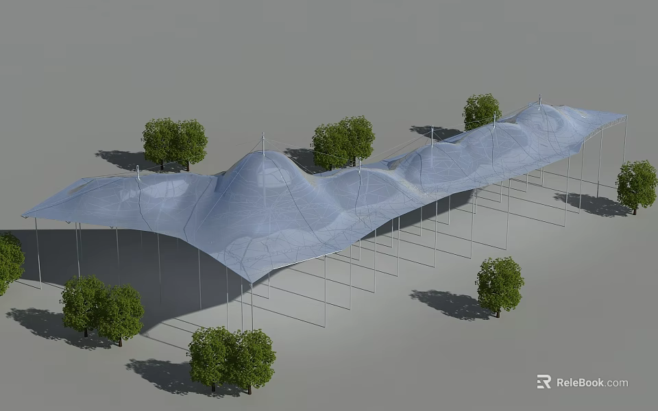 Tensile Membrane Structure in Outdoor Landscape With Trees and Support Frame 3d model 