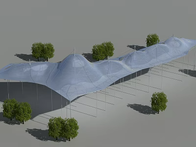 Tensile Membrane Structure in Outdoor Landscape With Trees and Support Frame 3d model