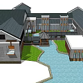 Traditional Modern Architecture Complex With Courtyard Water Feature Enclosed Layout And Greenery 3d model