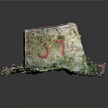 Ancient Stone Architectural Structure With Moss Covered Surface Red Markings And Green Plant Surroundings