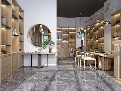 Modern Specialty Store Interior With Wooden Shelves Round Mirror And Green Plants 3d model