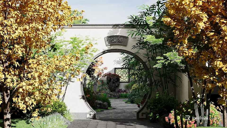 Chinese Style Detached Villa With Circular Archway Garden Pathway And Yellow Foliage 3d model 