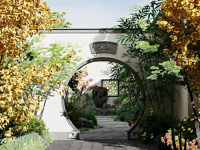 Chinese Style Detached Villa With Circular Archway Garden Pathway And Yellow Foliage 3d model