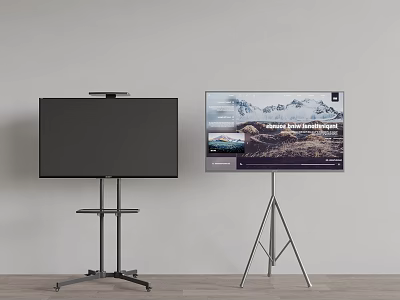 Two TVs With Black Stand And Silver Tripod Stand Scenic Display And Black Screen 3d model
