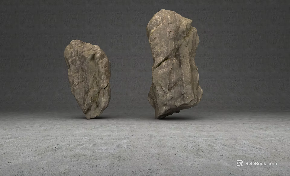 Two Natural Rough Stones Placed On Gray Floor Against Gray Background 3d model 