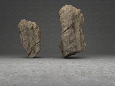 Two Natural Rough Stones Placed On Gray Floor Against Gray Background 3d model