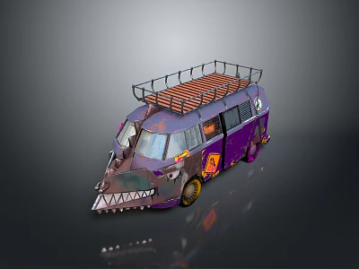 Purple Van with Crocodile Mouth Design and Roof Rack Decorative Patterns 3d model