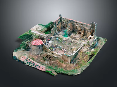 Modern Ancient Ruins Model Display With Broken Walls Green Vegetation Red Dome And Detailed Decorations 3d model