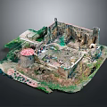 Modern Ancient Ruins Model Display With Broken Walls Green Vegetation Red Dome And Detailed Decorations