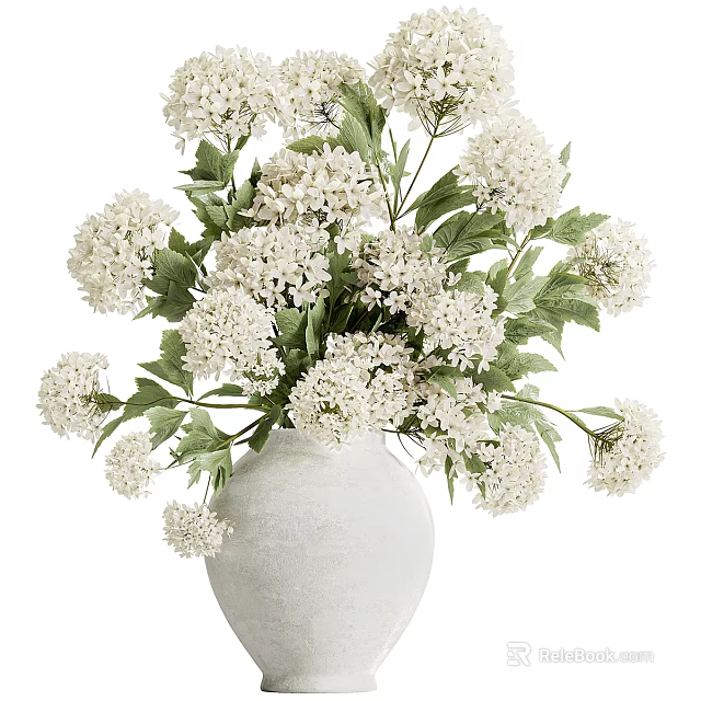 Elegant Decorative Ornament Set Featuring White Vase with White Flowers and Green Leaves 3d model 