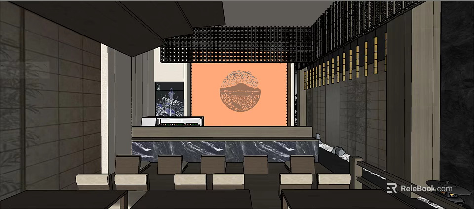 Modern Japanese Restaurant Interior With Marble Counter Seating And Decorative Panel 3d model 