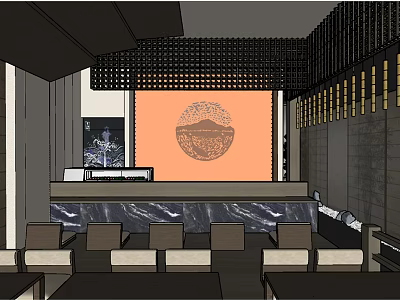 Modern Japanese Restaurant Interior With Marble Counter Seating And Decorative Panel 3d model