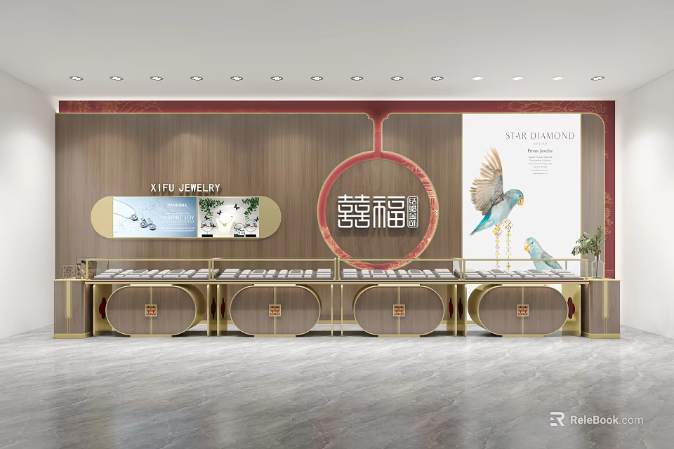 Modern Elegant Jewelry Store Interior With Wooden Backdrop Red Circular Logo And Display Counters 3d model 