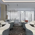 Modern Sales Office Interior With Reception Desk Mountain Landscape Painting Marble Floor And Chandeliers
