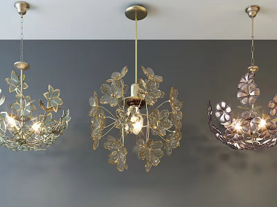 Illuminated Irregular Pendant Lights With Floral Design Hanging On Grey Wall 3d model