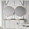 Modern Bathroom Vanity Set With Double Round Mirrors Golden Frames And Marble Wall 3d model