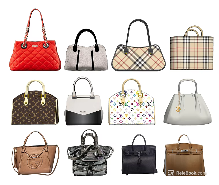 Stylish Women's Leather Handbags With Various Styles Colors Plaid And Monogram Patterns 3d model 