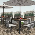 Outdoor Patio Wooden Table And Metal Chair Set With White Cushions Dining Items