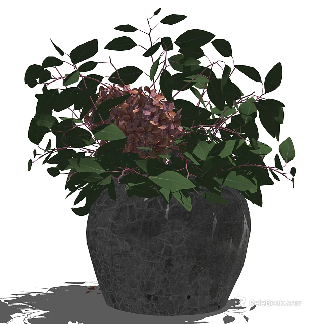 Elegant Textured Stone Vase With Purple Flowers And Green Leaves 3d model 
